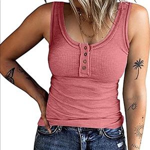 Women's Summer Sleeveless Henley Tank Tops Ribbed Knit Button Down Slim Fit XL